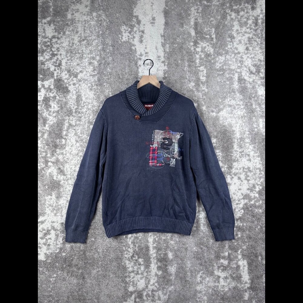Desigual Sweater XL Mens Blue Pullover Wrap Shall Neck Woven Chunky Knit